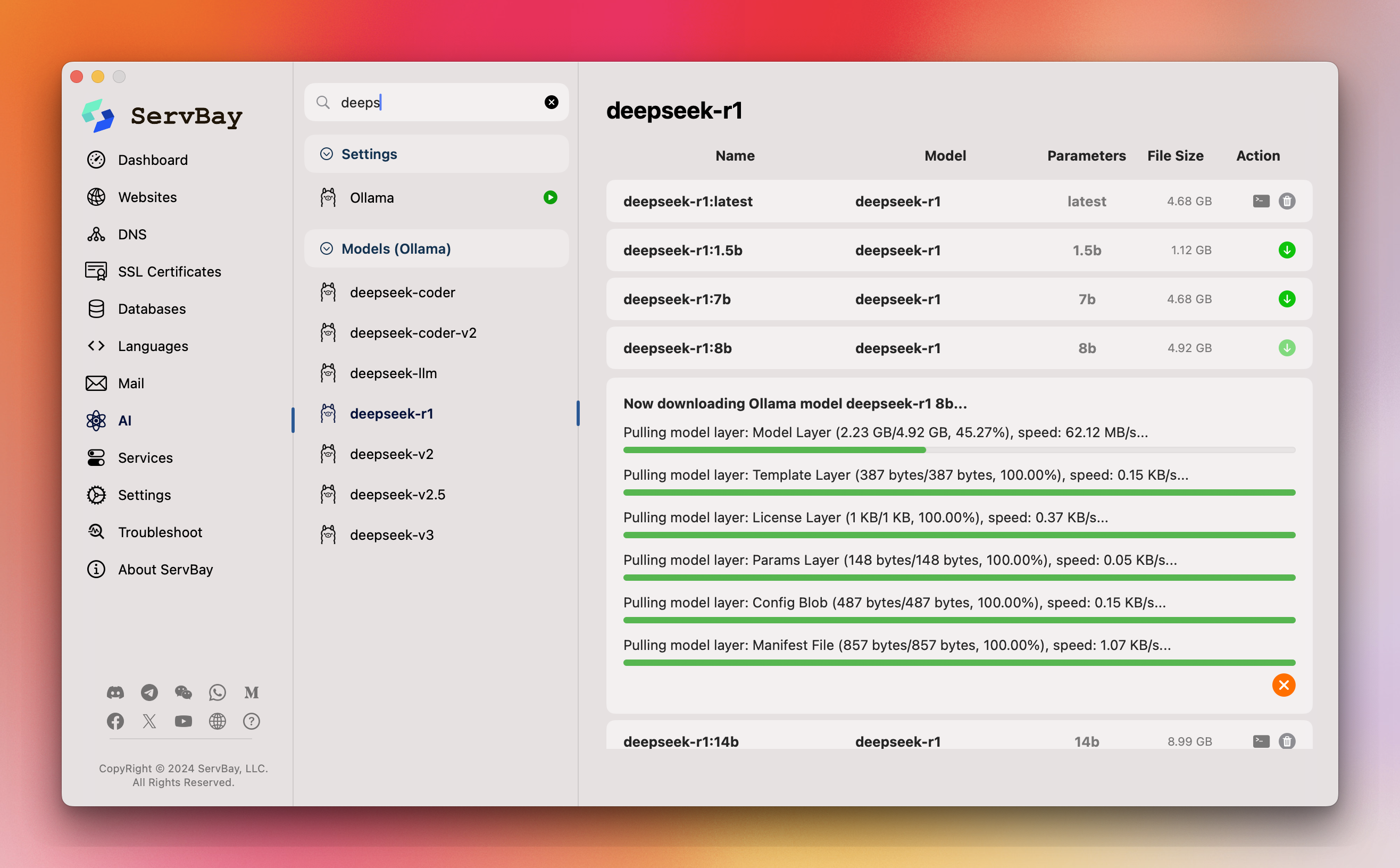 还在傻傻的折腾半天 Ollama 安装 deepseek-r1？ServBay 1.9 一键安装各大模型